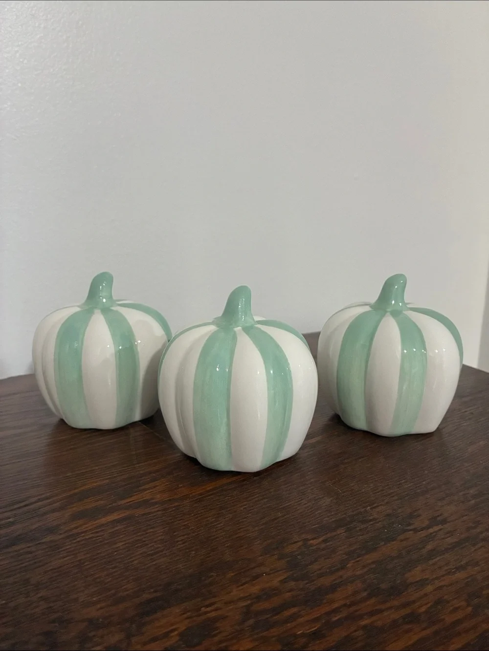 NWT- Set of 3- White & Mint Green Stripe Ceramic Pumpkins